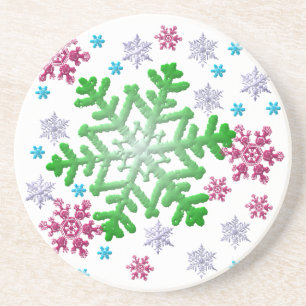 Burgundy Blue Green & Silver Snowflakes Coaster