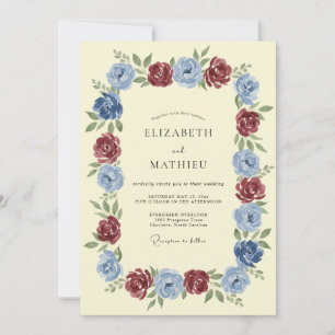 Burgundy Blue Lavish Romantic Wedding Invitation