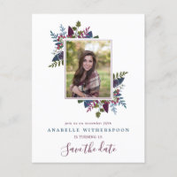 Burgundy Blue Leaves Sweet 16 Photo Save the Date