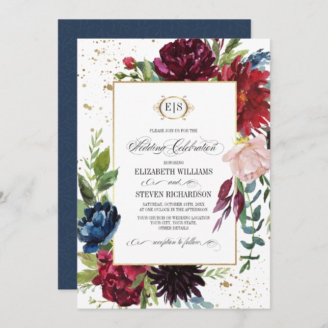 Burgundy | Blue |Marsala Floral Watercolor Wedding Invitation (Front/Back)