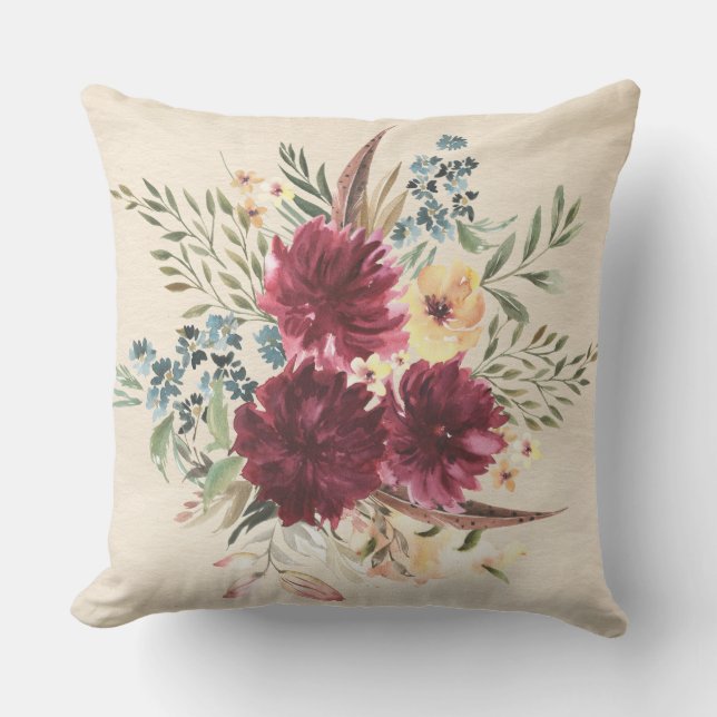 Burgundy, Blue, Peach Floral Outdoor Pillow 20x20 (Front)