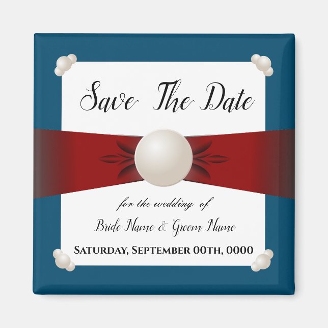 Burgundy & Blue Pearl Ribbon Photo Save the Date Magnet (Front)