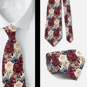Burgundy Blue Periwinkle Cream Floral  Tie