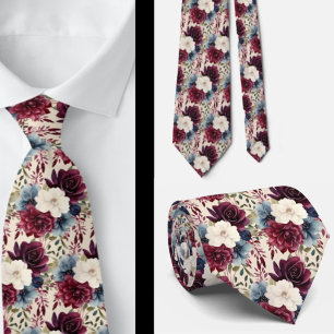 Burgundy Blue Periwinkle Ivory Floral Tie