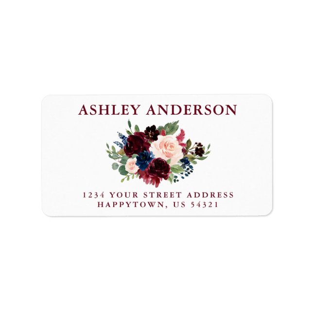 Burgundy Blue Pink Floral Wedding Return Address Label (Front)