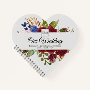 Burgundy Blue Pink Flowers Newlyweds Wedding Gifts Notebook