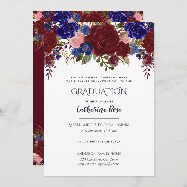 Burgundy Blue Pink Graduation Ceremony + Reception Invitation (Front/Back)