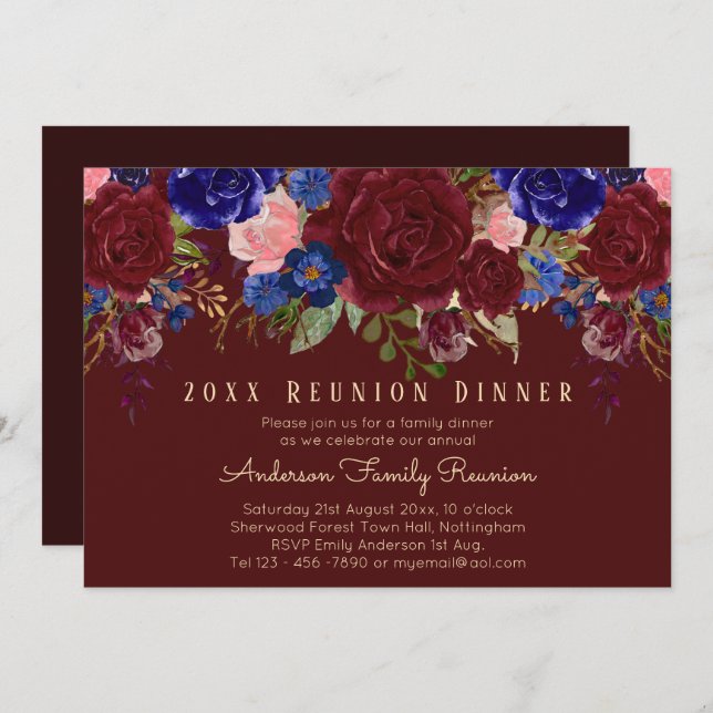 Burgundy Blue Pink Roses Floral Family Reunion Invitation (Front/Back)