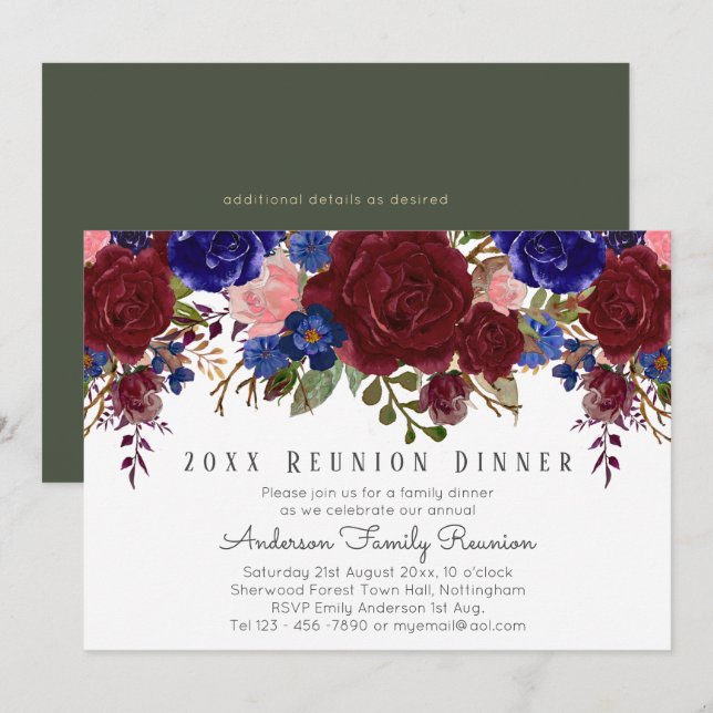 Burgundy Blue Pink Roses Floral Family Reunion Invitation (Front/Back)