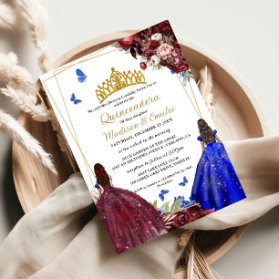 Burgundy & blue Royal Butterfly Twin Quinceanera  Invitation