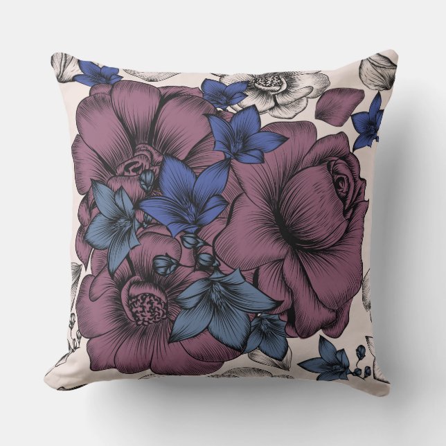 Burgundy/Blue/Tan Floral Pillow (Front)