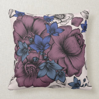 Burgundy/Blue/Tan Floral Pillow