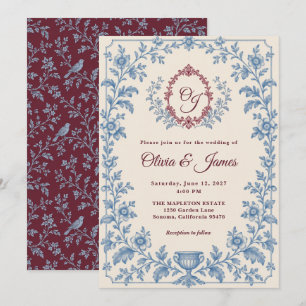 Burgundy Blue Toile Monogram Wedding Invitation