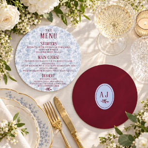 Burgundy Blue Vintage Toile Round Wedding Menu