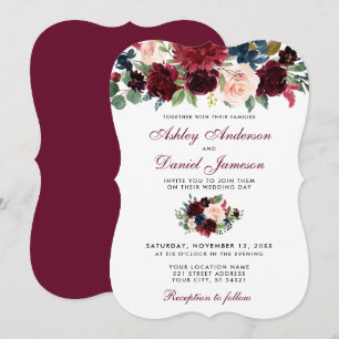 Burgundy Blue Watercolor Floral Elegant Wedding Invitation