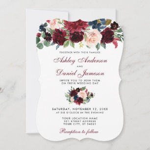 Burgundy Blue Watercolor Floral Elegant Wedding W Invitation
