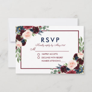 Burgundy Blue Watercolor Floral Wedding RSVP Card