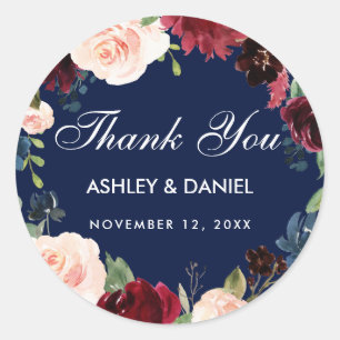 Burgundy Blue Watercolor Floral Wedding Thank You Classic Round Sticker