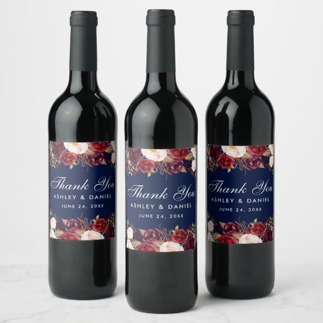 Burgundy Blue Watercolor Floral Wedding Wine Label (Bottles)
