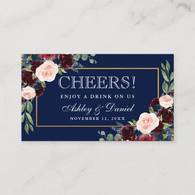 Burgundy Blue Wedding Drink Ticket Card (Front)