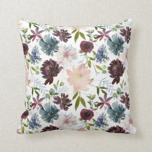 Burgundy, Blush and Navy Floral Cushion