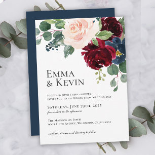 Burgundy Blush and Navy Floral Wedding Invitation