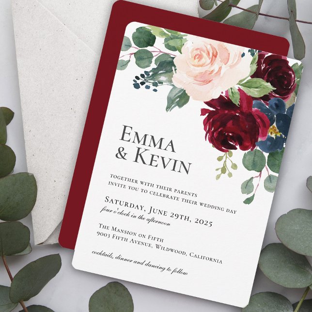 Burgundy Blush and Navy Floral Wedding Invitation (Creator Uploaded)