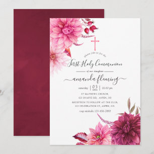 Burgundy & Blush Autumn Fall Floral Holy Communion Invitation