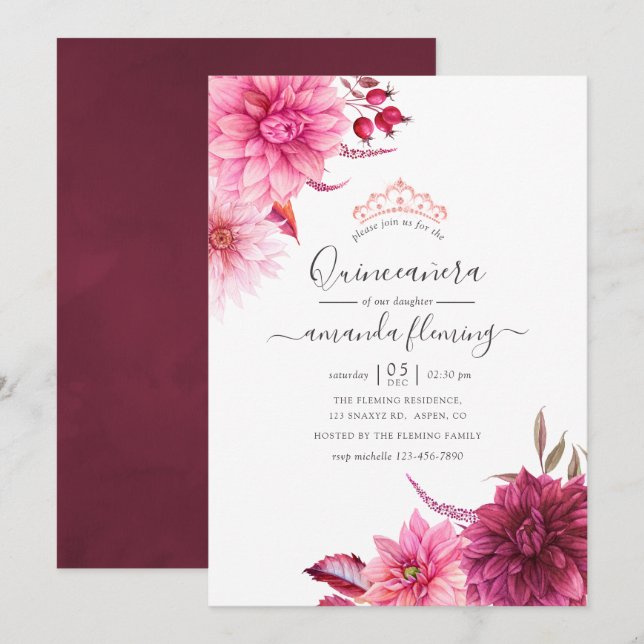 Burgundy & Blush Autumn Fall Floral Quinceañera Invitation (Front/Back)