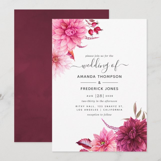 Burgundy & Blush Autumn Fall Floral Wedding Invitation (Front/Back)