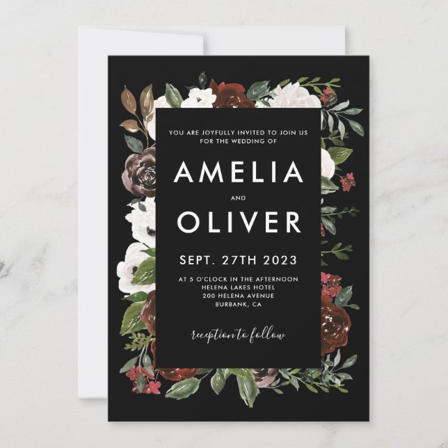 Burgundy Blush Black Floral Botanical Wedding Invitation (Front)