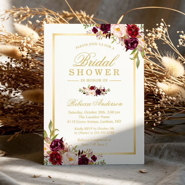 Burgundy Blush Bloom Floral Gold Bridal Shower Invitation (Creator Uploaded)