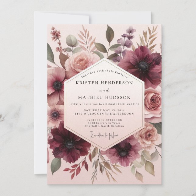 Burgundy Blush Bloom Wedding Invitation (Front)