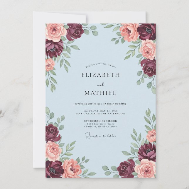 Burgundy Blush Blossom Romance Wedding Invitation (Front)