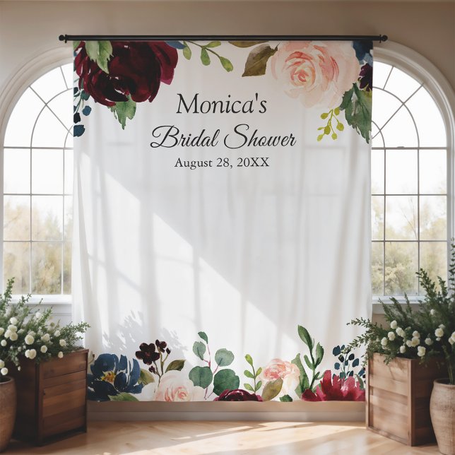 Burgundy Blush Blue Floral Bridal Shower Backdrop Tapestry (Creator Uploaded)