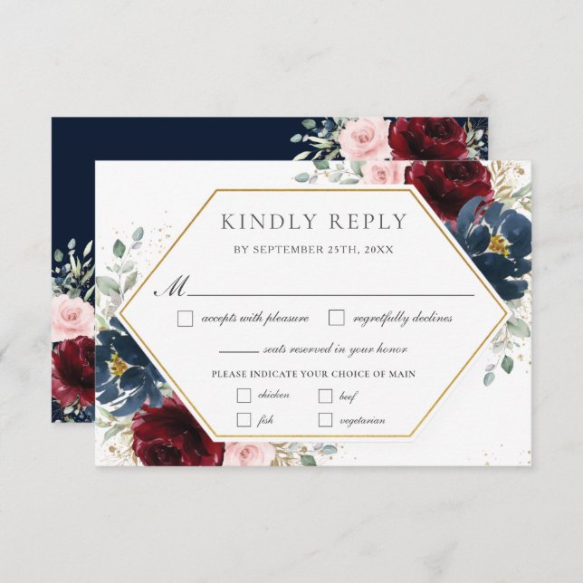 Burgundy Blush Blue Floral Greenery Wedding Meal  RSVP Card (Front/Back)