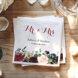 Burgundy Blush Blue Floral Mr and Mrs Wedding Napkin