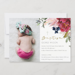 Burgundy Blush Blue Floral Photo Baptism Invite