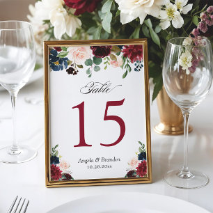 Burgundy Blush Blue Floral Wedding Table Number