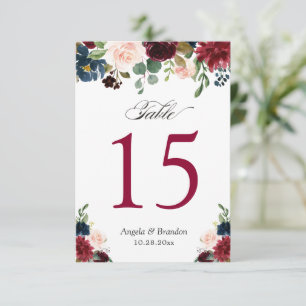 Burgundy Blush Blue Floral Wedding Table Numbers