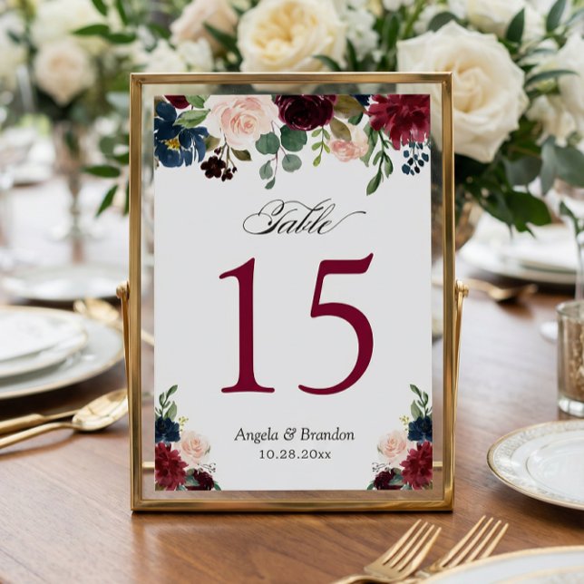 Burgundy Blush Blue Floral Wedding Table Numbers (Creator Uploaded)