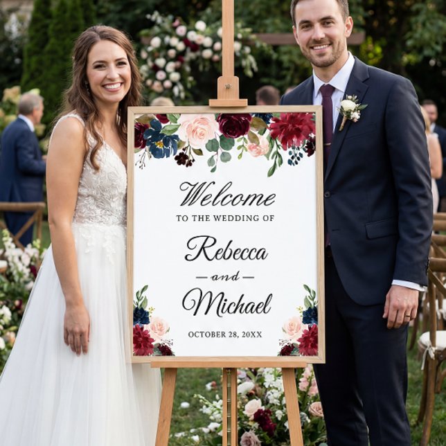 Burgundy Blush Blue Floral Wedding Welcome Sign (Creator Uploaded)