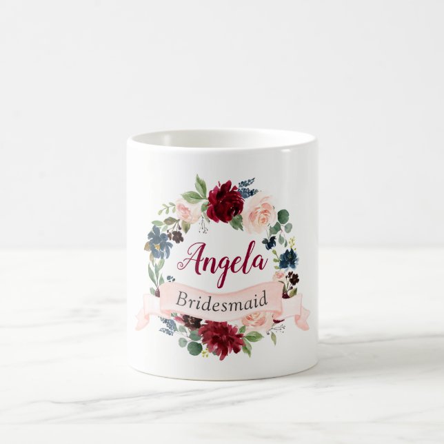 Burgundy Blush Blue Floral Wreath Bridesmaid Favou Coffee Mug (Center)