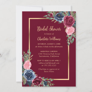 Burgundy Blush Blue Gold Floral Bridal Shower Invitation