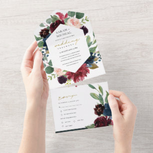 BURGUNDY BLUSH BLUE GREEN WATERCOLOR FLORAL ALL IN ONE INVITATION