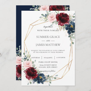 Burgundy Blush Blue Roses Floral Geometric Wedding Invitation