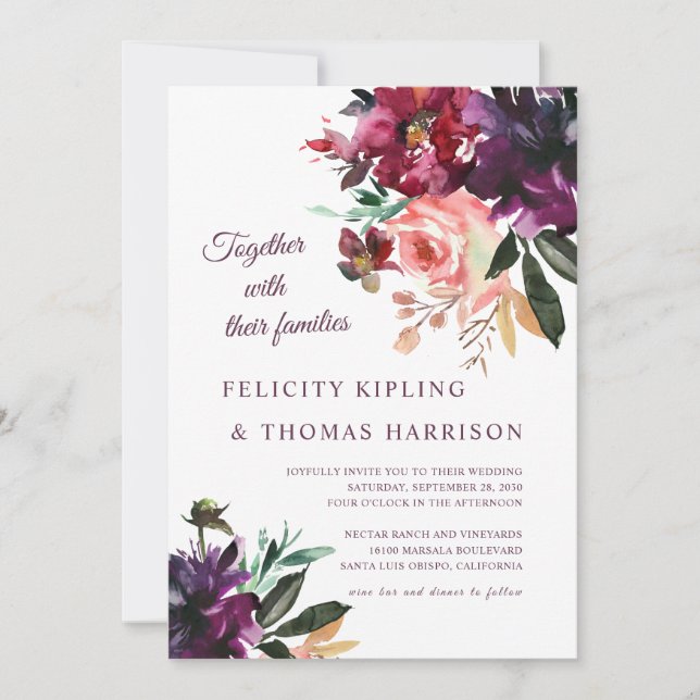 Burgundy & Blush Boho Floral Botanical Wedding Invitation (Front)