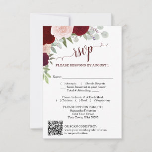 Burgundy Blush Boho Roses Wedding QR Code RSVP Invitation