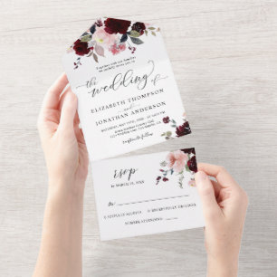 Burgundy Blush Bordo Floral Wedding Details RSVP All In One Invitation