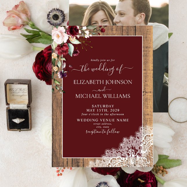 Burgundy Blush Botanical Wood Script Photo Wedding Invitation (Creator Uploaded)